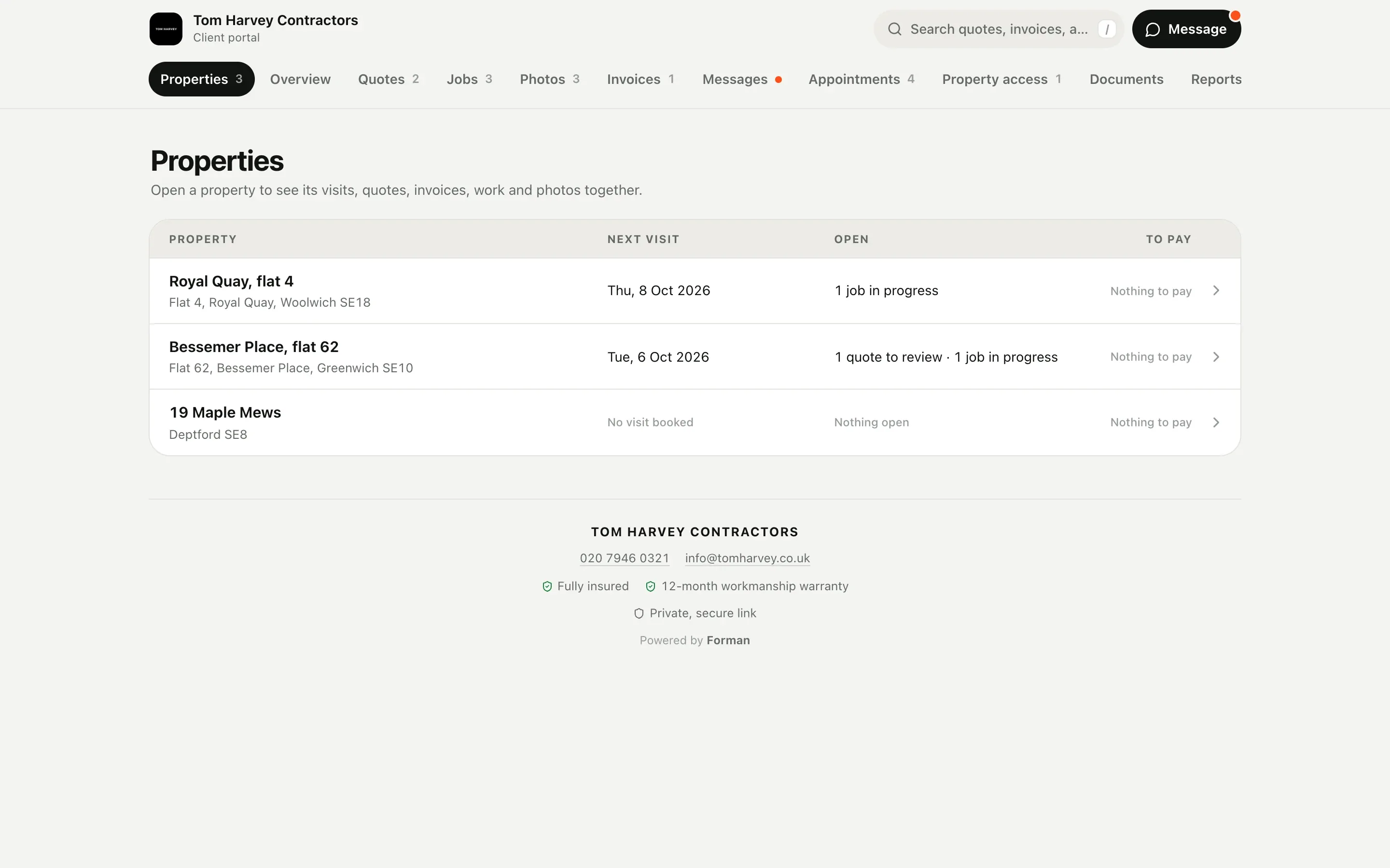 Agency Client Hub: three properties with next visits and open work