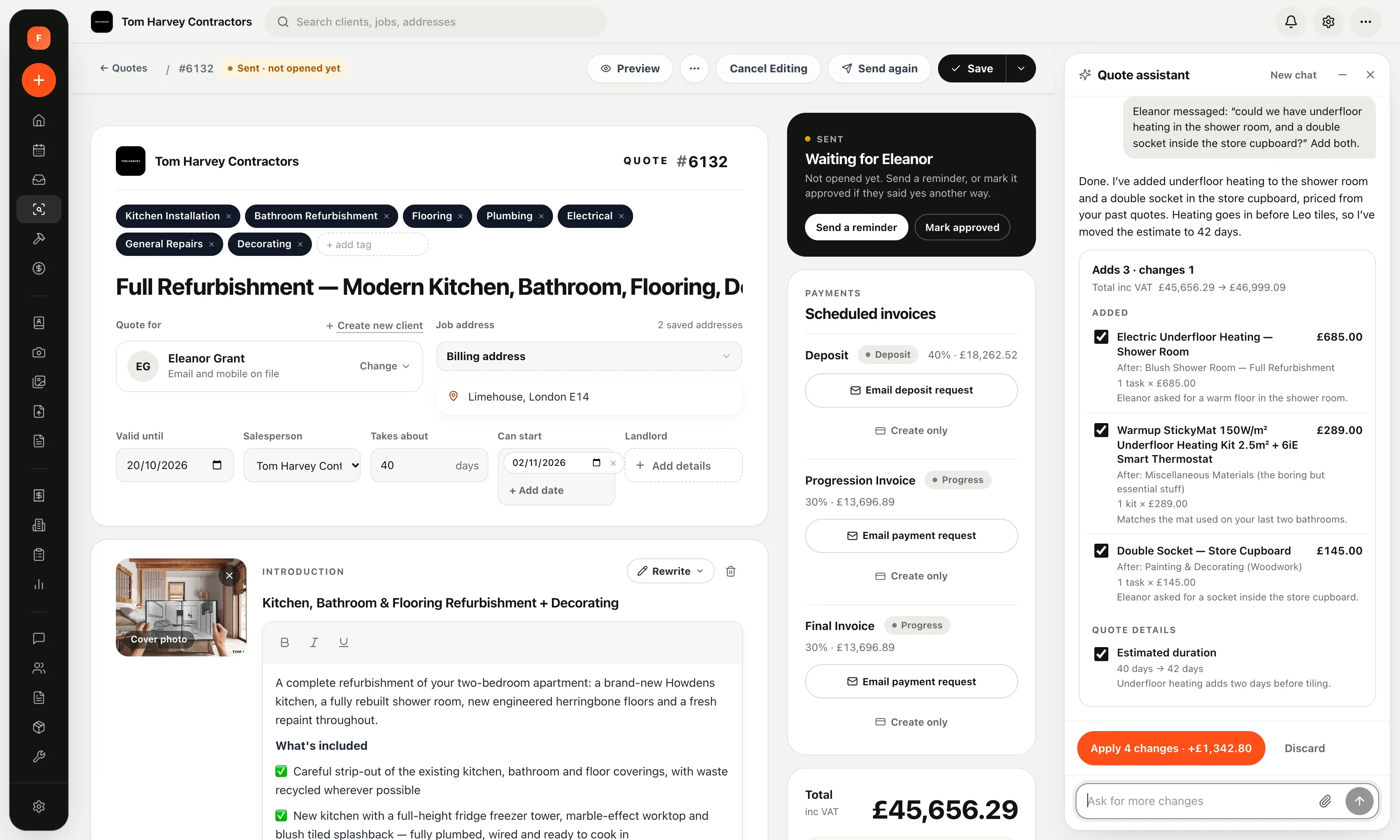 Quote Assistant beside the quote editor: adds underfloor heating £685, a heating kit £289 and a double socket £145, total from £45,656.29 to £46,999.09