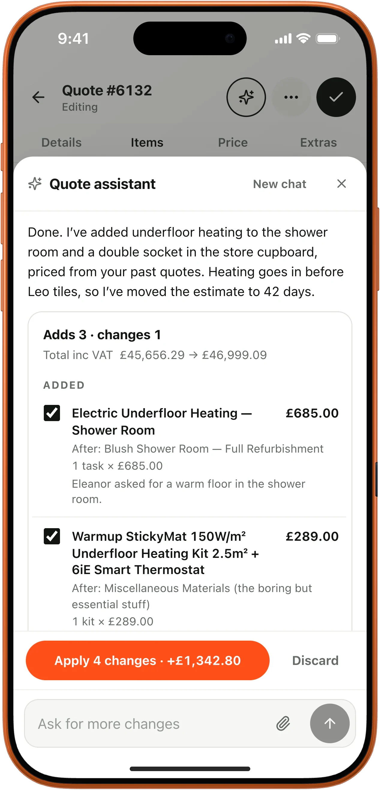 Quote Assistant on a phone with the proposal: Apply 4 changes, plus £1,342.80