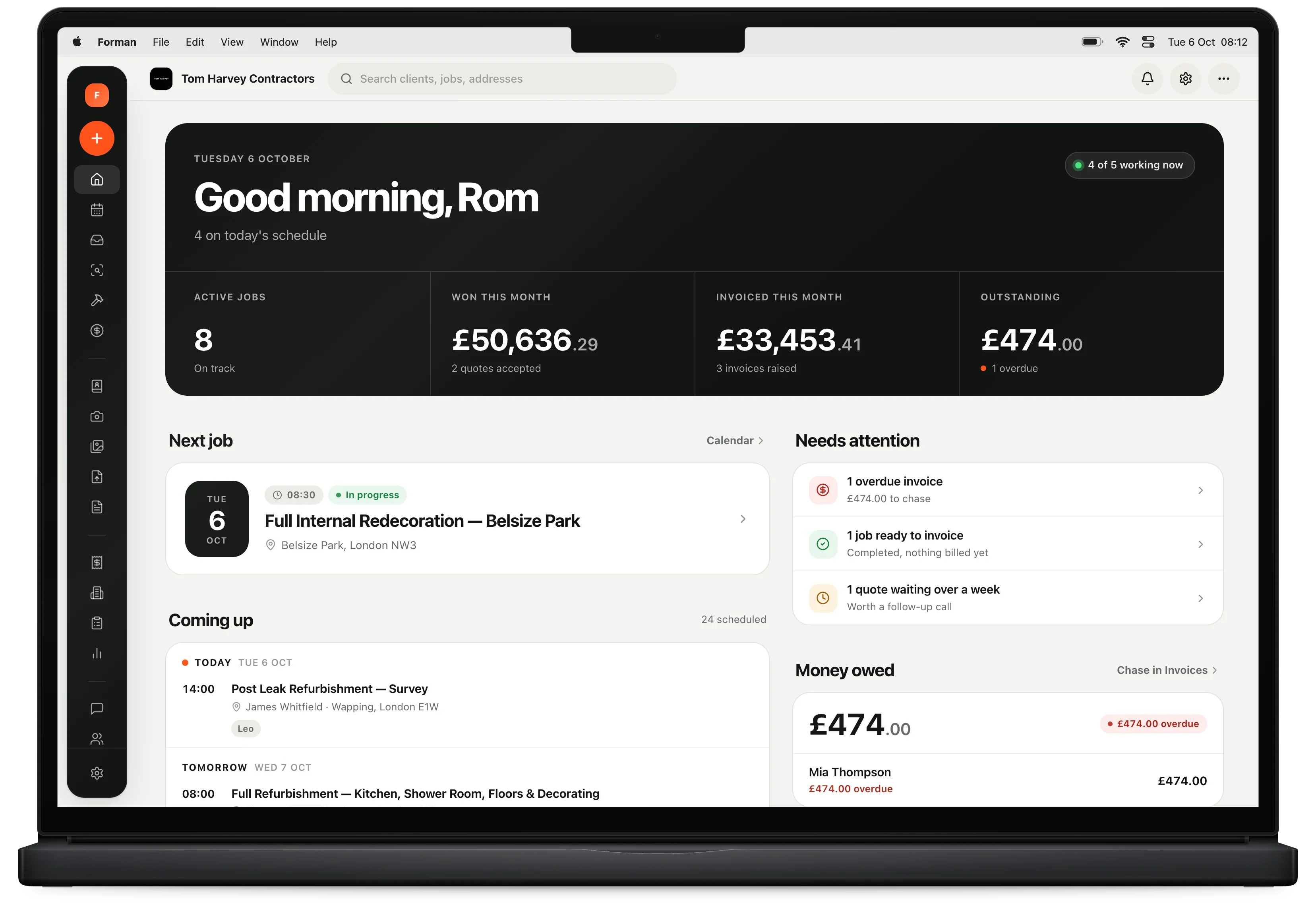 Forman dashboard for Tom Harvey Contractors: four of five crew working, £50,636.29 won this month, next job and money owed