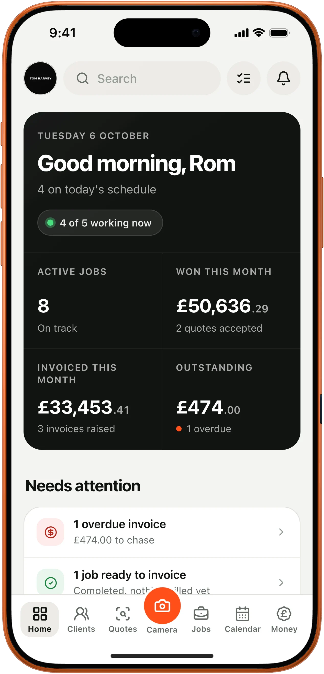 Forman on a phone: Good morning, Rom. Four of five working now, £50,636.29 won this month