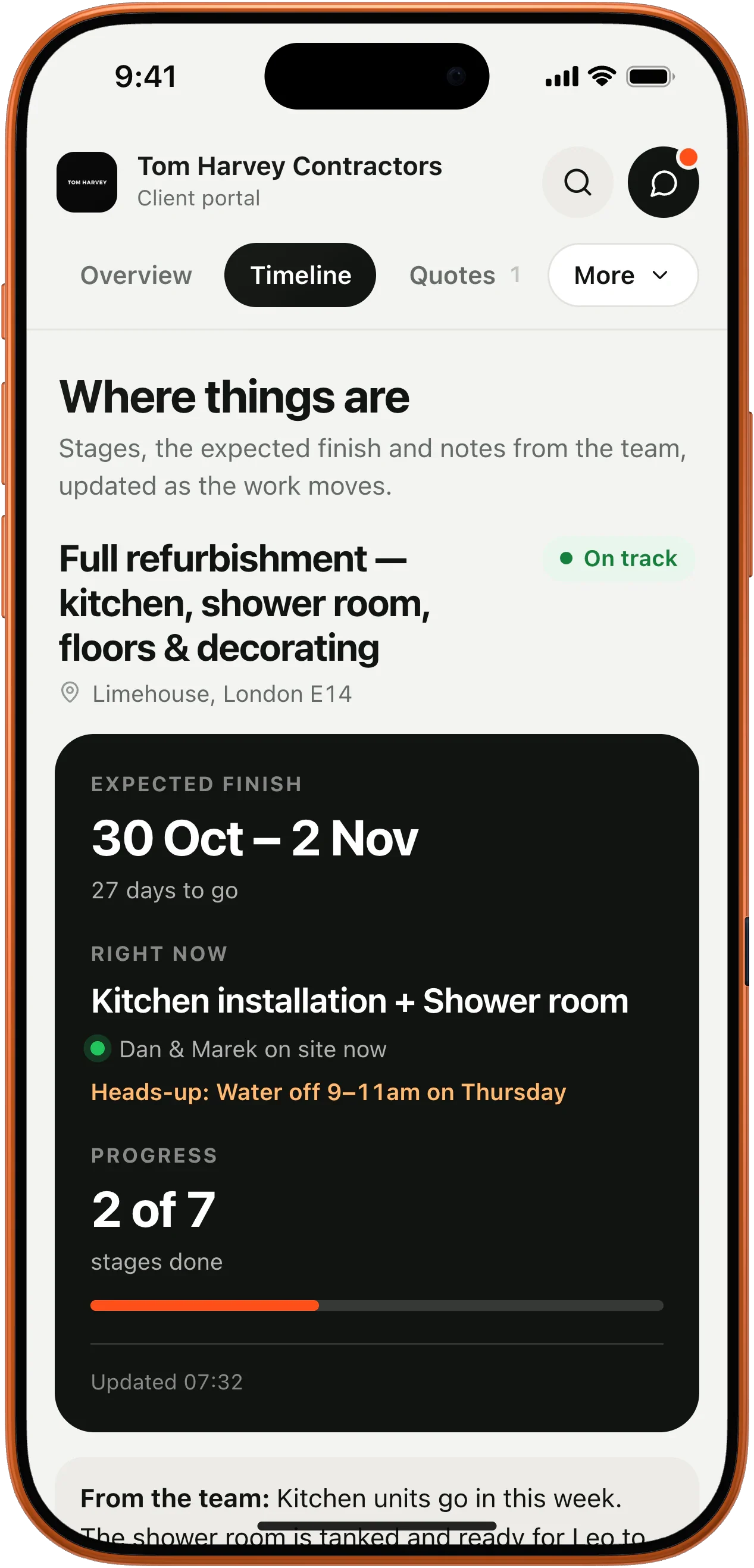 Client Hub timeline on a phone: expected finish 30 Oct to 2 Nov, kitchen installation and shower room in progress