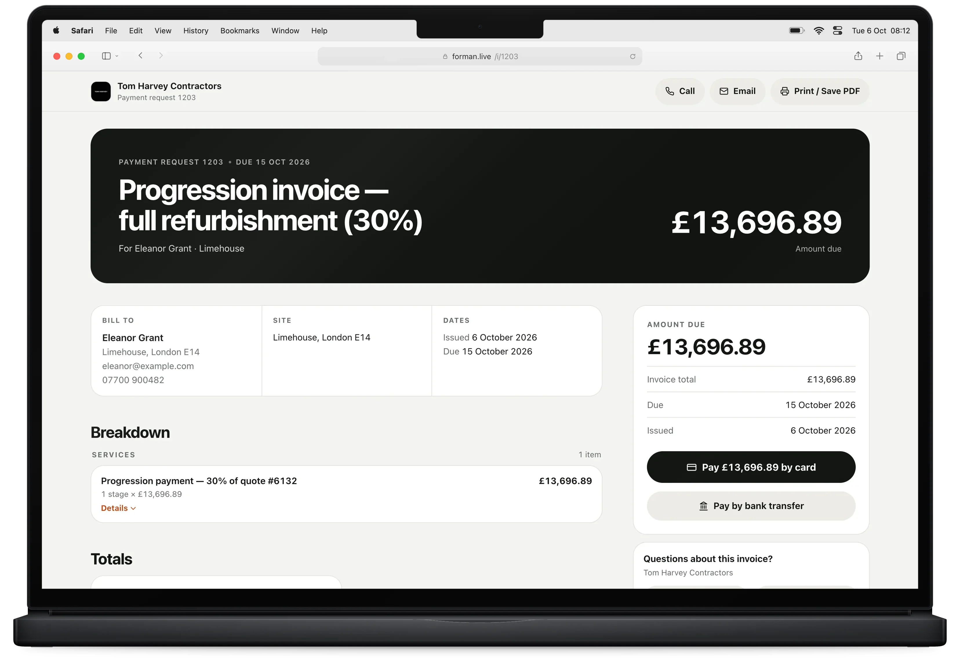 Client invoice on a MacBook: progression invoice £13,696.89 with Pay by card and bank transfer