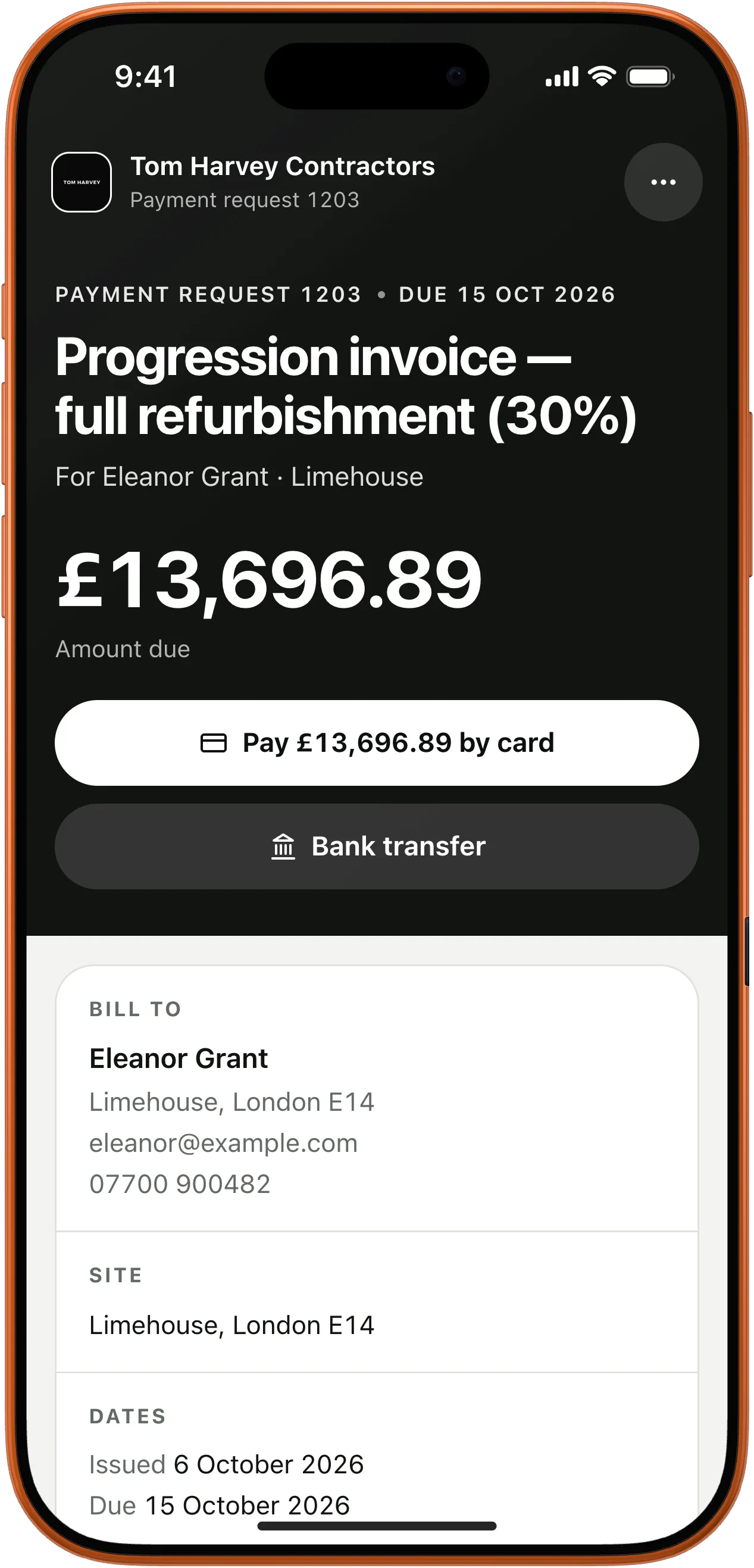 The same invoice on a phone with Pay £13,696.89 by card