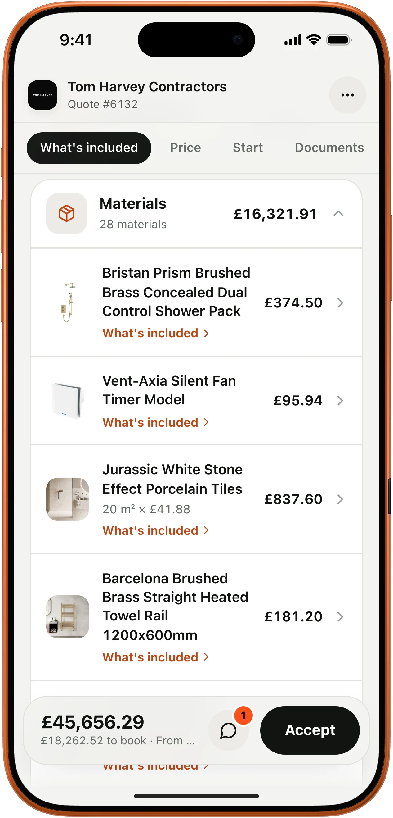 Materials list with product photos, names and prices