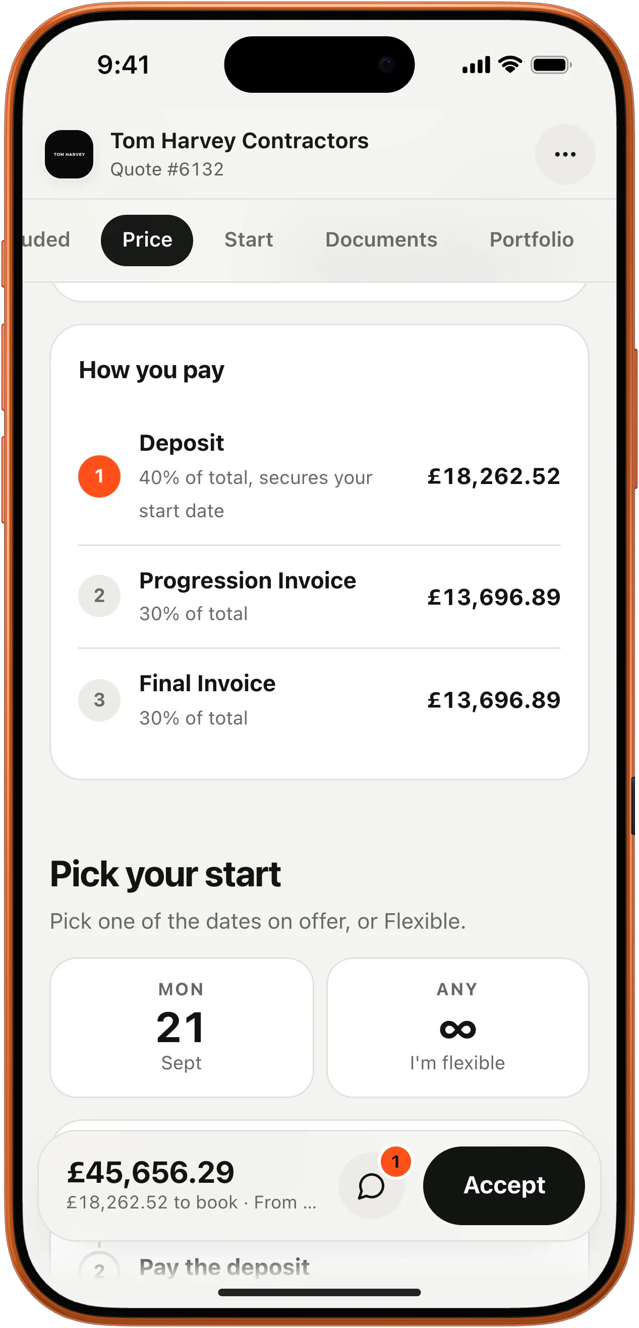 How you pay: 40% deposit £18,262.52, then two 30% stage payments