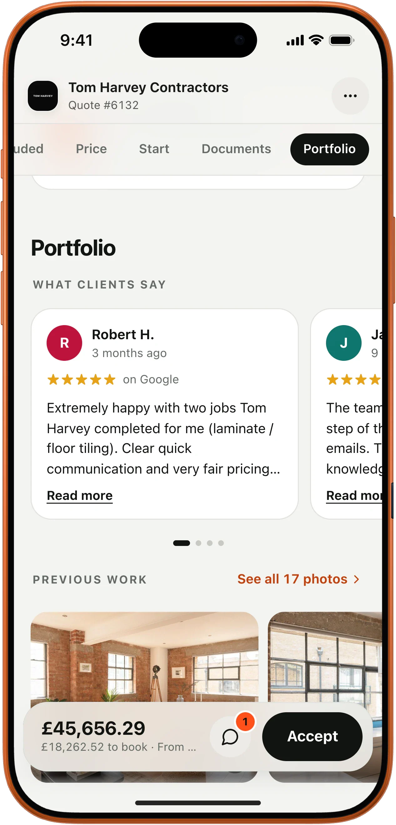 Previous work and Google reviews on a Tom Harvey quote