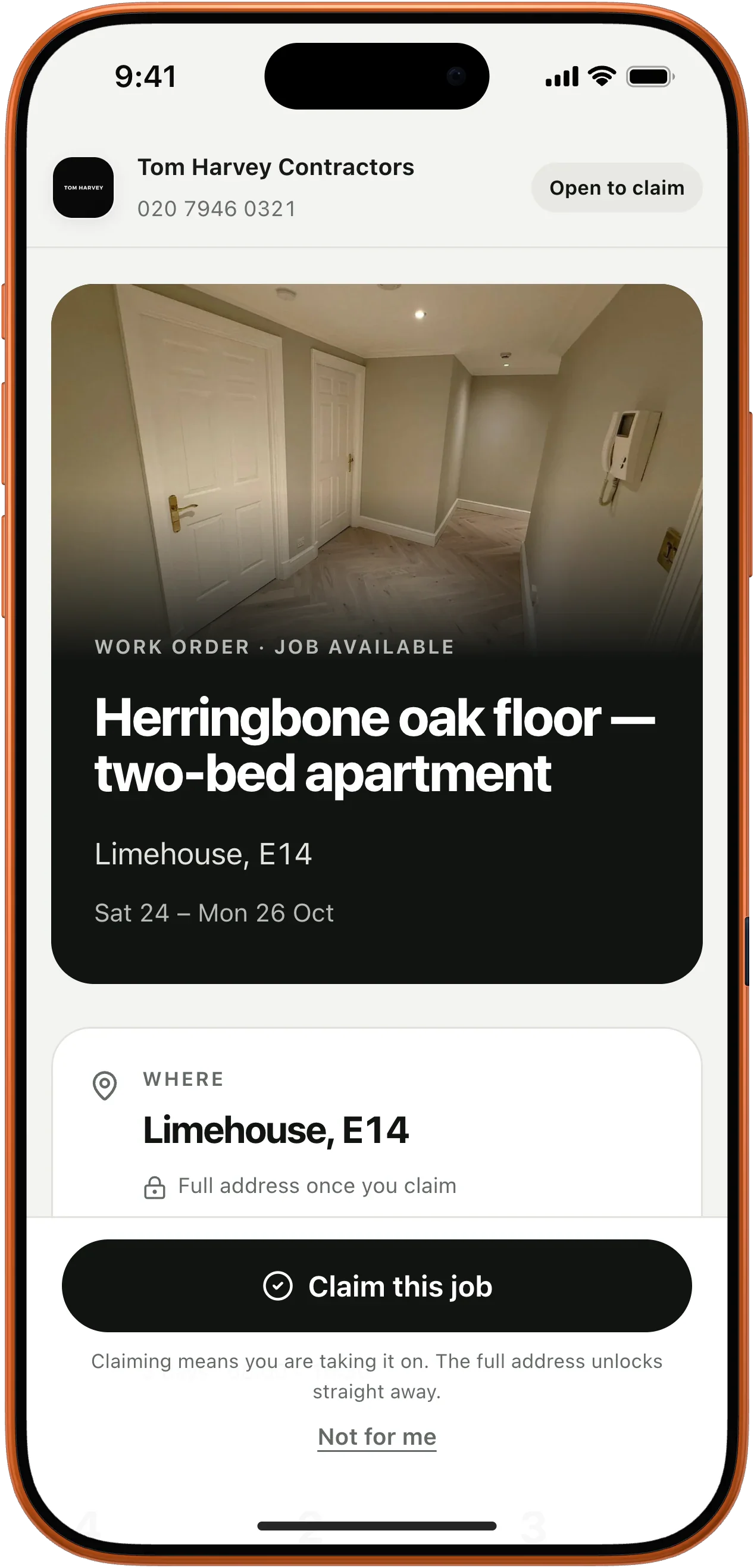 Subcontractor work order: herringbone oak floor, Limehouse E14, claim this job