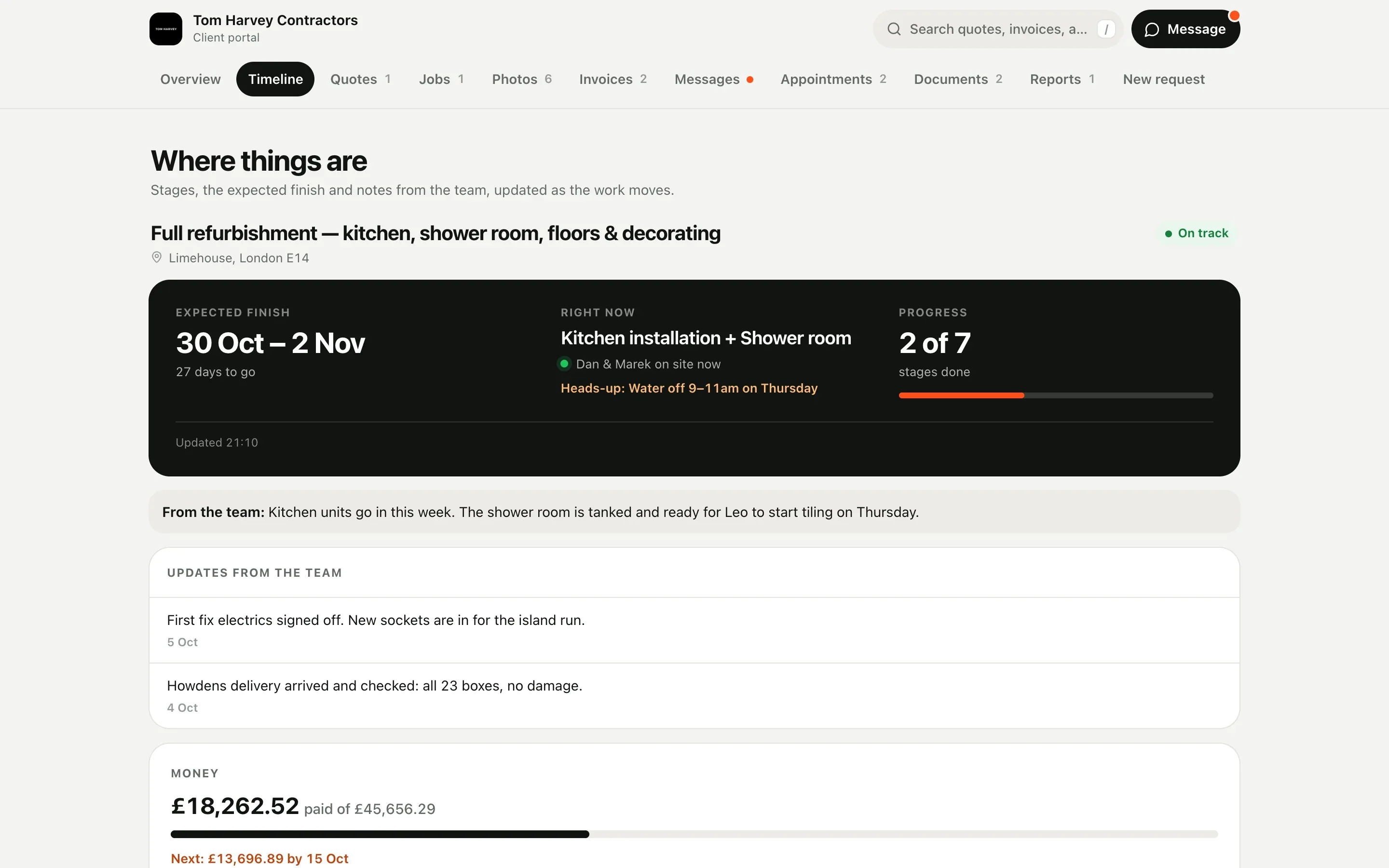 Client Hub timeline: expected finish, right now, progress
