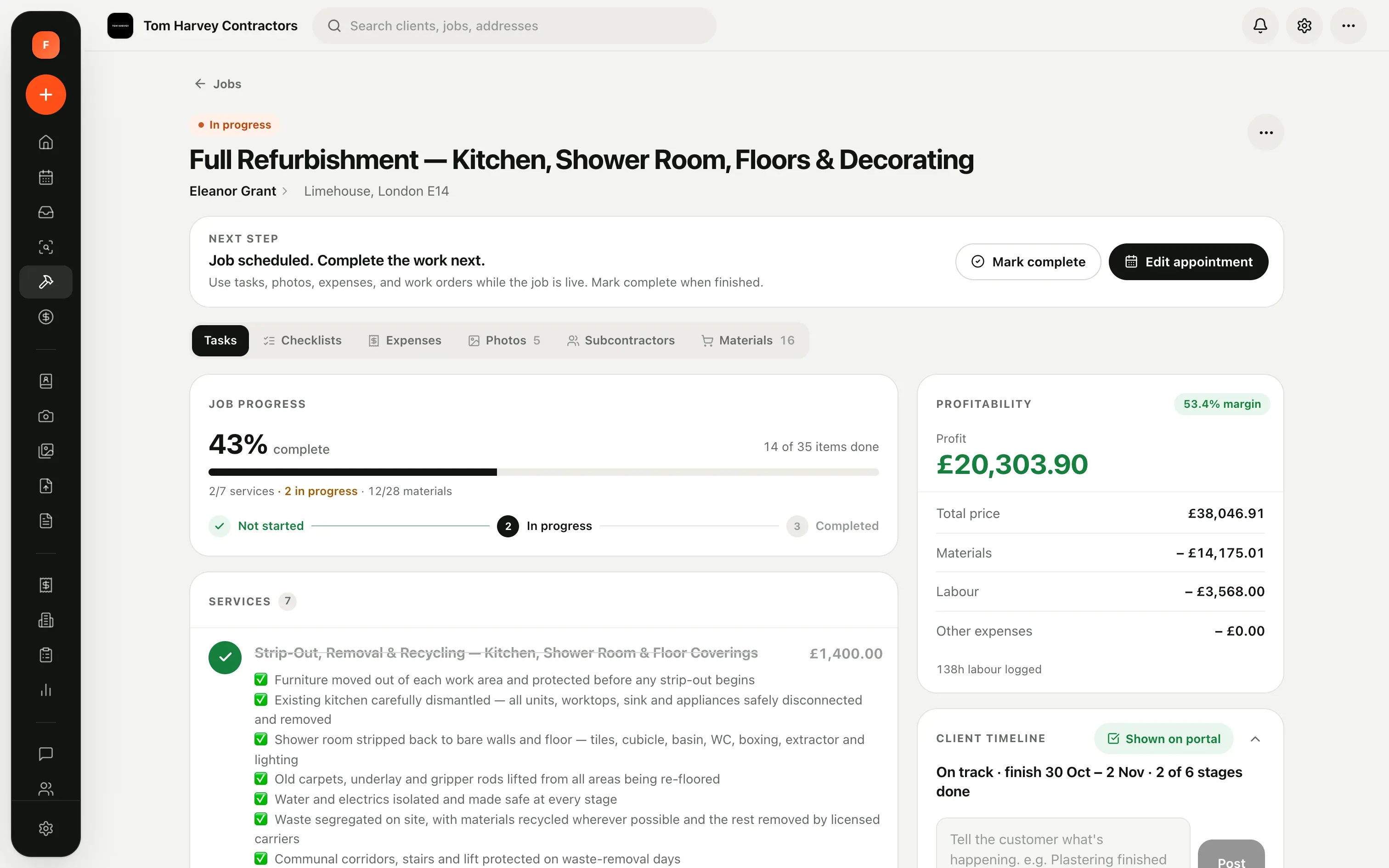 Job record: 43% complete, profit £20,303.90 at 53.4% margin, client timeline shown on portal