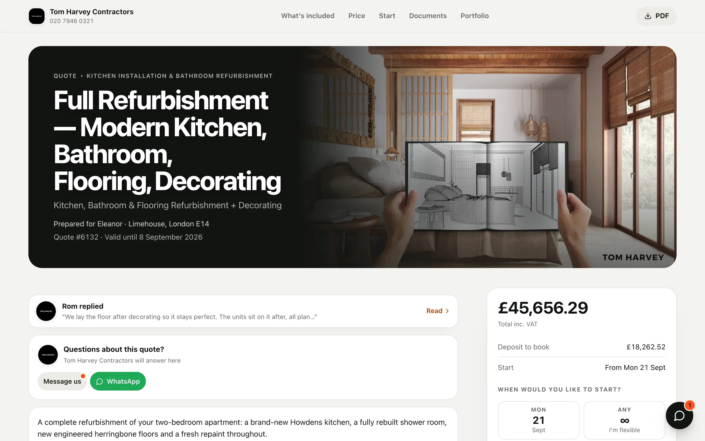The same quote on a laptop: cover photo, total £45,656.29, deposit £18,262.52, start date and accept panel