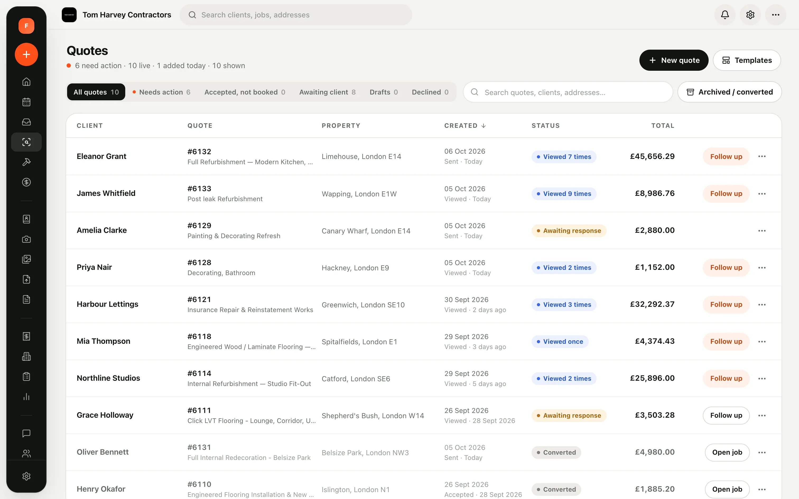 Quotes list with view counts, follow-up buttons and totals