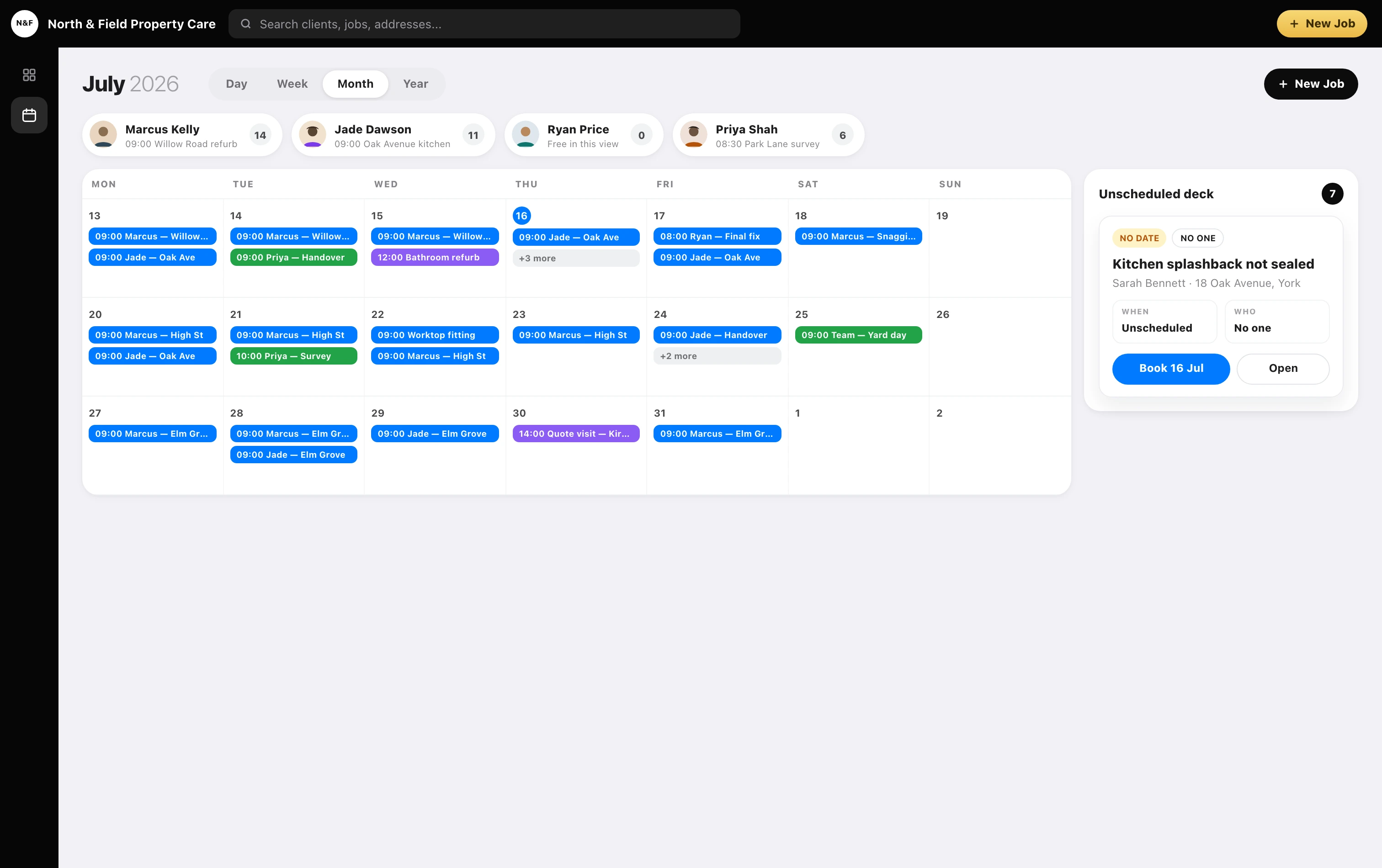 Forman schedule: month view with team workloads and the unscheduled deck