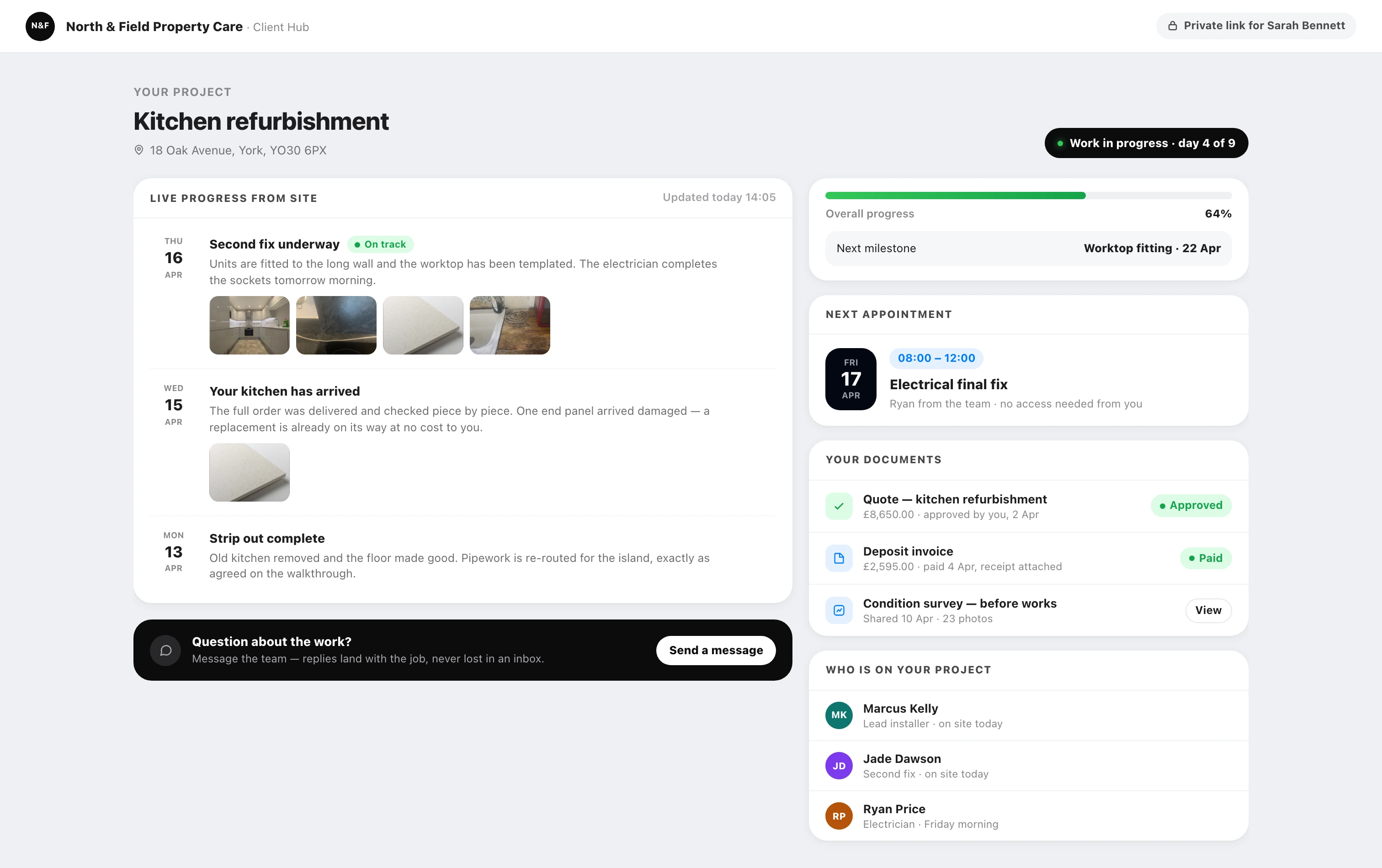 Forman Client Hub — the private live project view a client sees, with progress updates, photos, appointments and documents