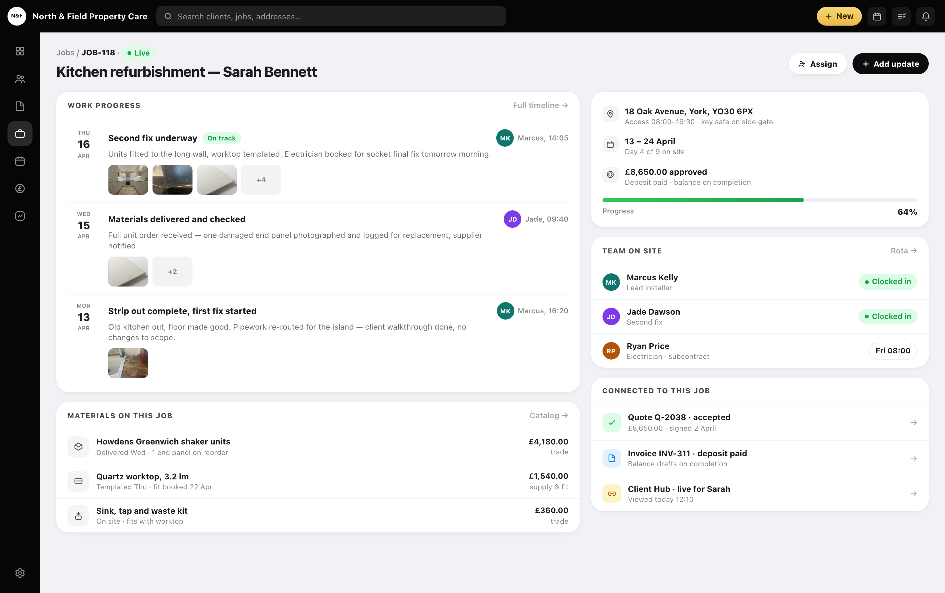 Forman job record with live work progress, team on site, materials and connected quote, invoice and Client Hub