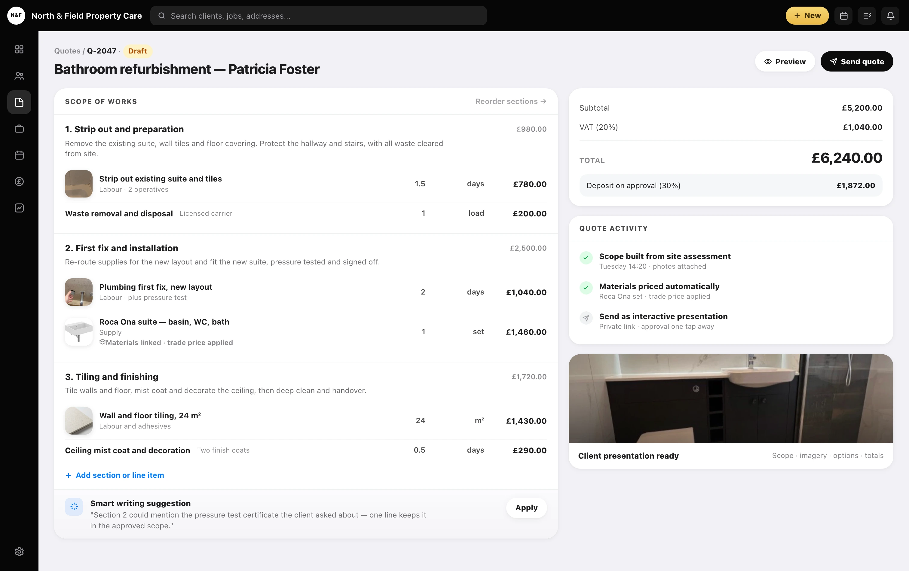 Forman quote builder with scope sections, linked materials, smart writing suggestions and live totals