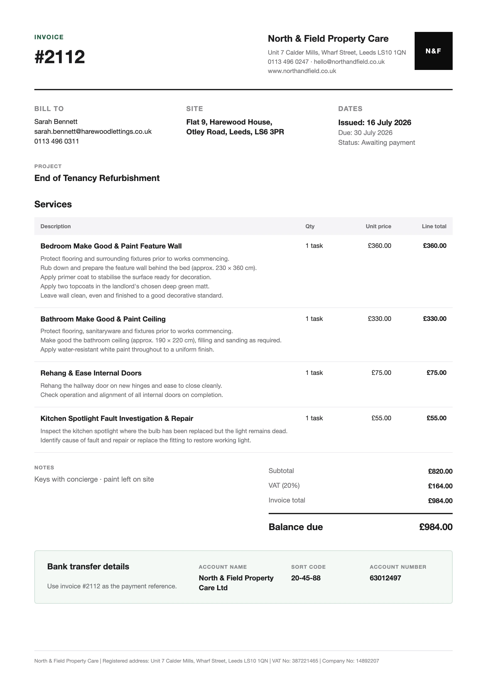 A Forman invoice PDF: line items with detailed descriptions, VAT breakdown, balance due and bank transfer details