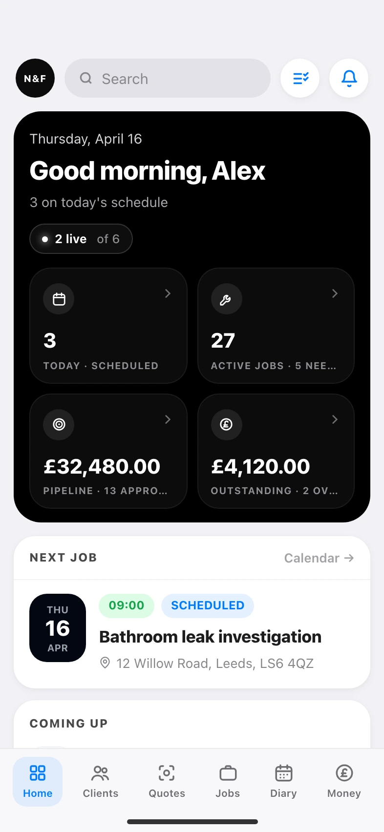 Forman on iPhone showing today's schedule and next job