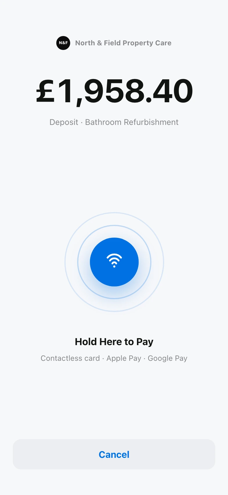 Forman requesting a £1,958.40 deposit with Tap to Pay on iPhone